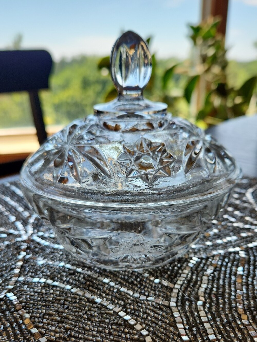Leaded Glass Candy Dish/Trinket Dish w/lid  & Beaded Silver Round Placemat-Set